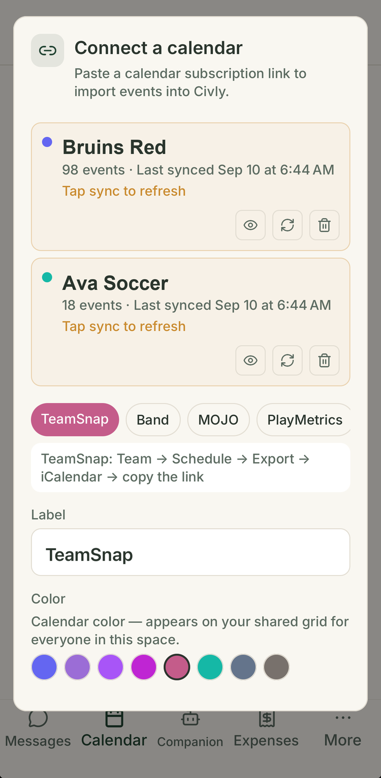 Civly connect-a-calendar screen listing synced team calendars
