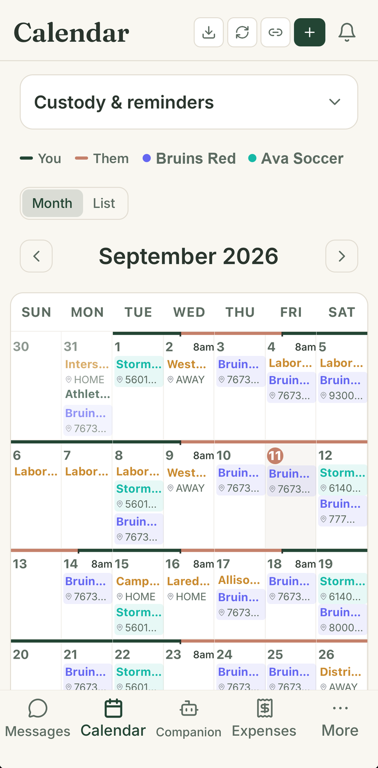 Civly custody calendar with color-coded events for each parent and the kids' teams
