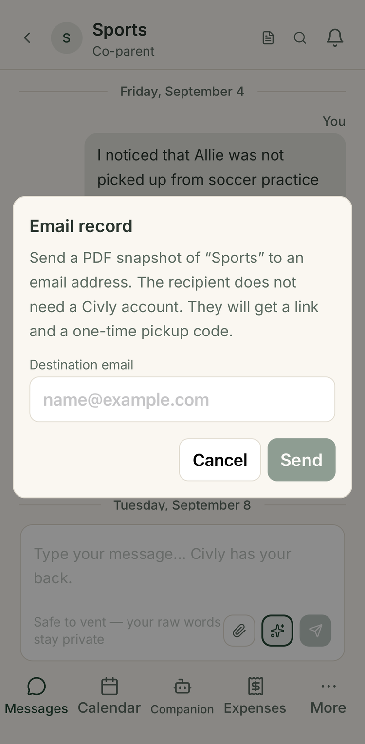 Civly email-record dialog sending a PDF snapshot with a one-time pickup code