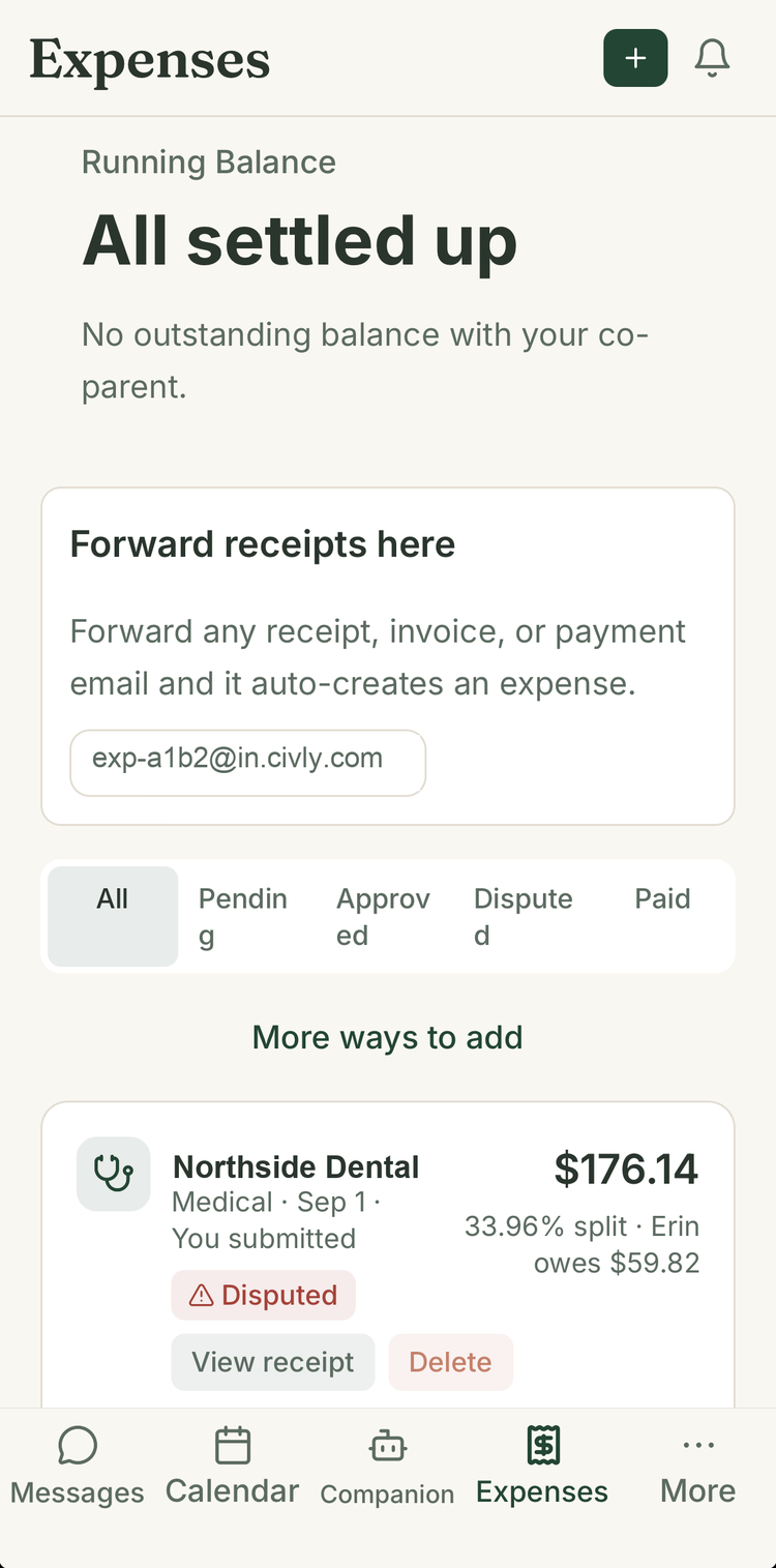 Civly expenses list showing a running balance, a forwarding address for receipts, and an expense with its split