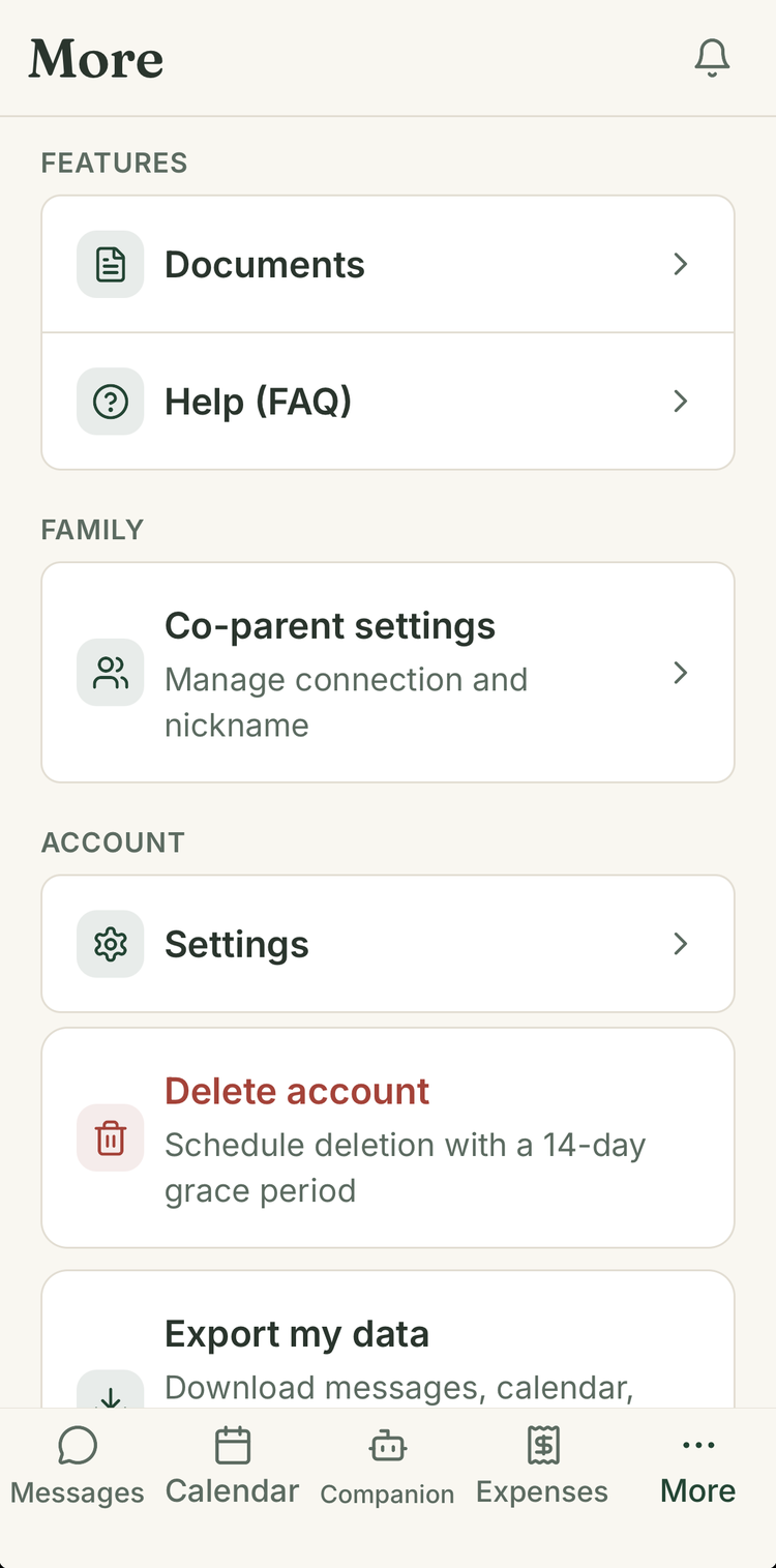 Civly menu showing documents, co-parent settings, export my data and delete account