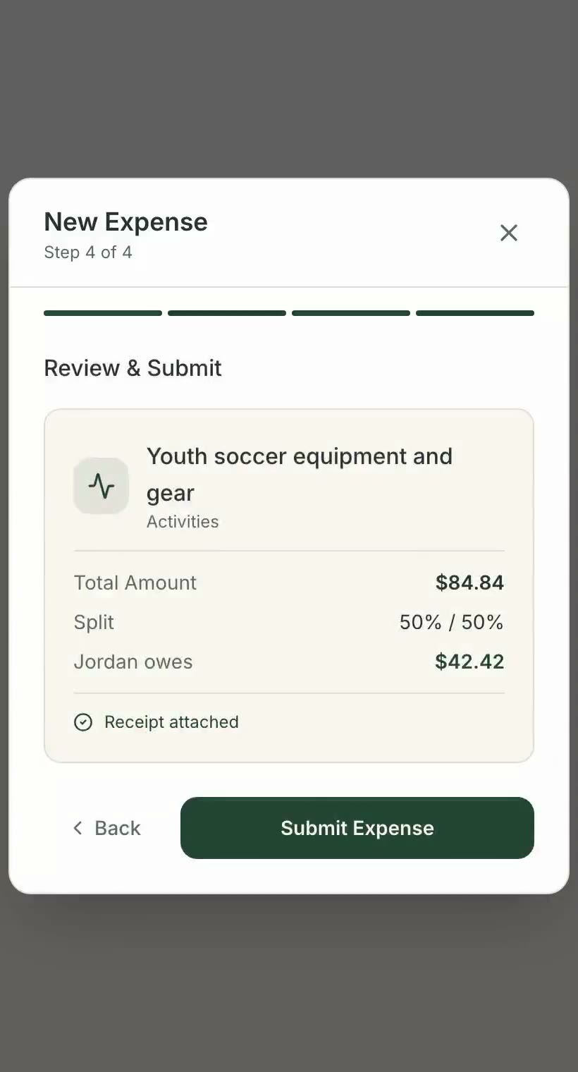 Civly's review step: youth soccer equipment and gear, 84 dollars 84, split fifty-fifty, Jordan owes 42 dollars 42, receipt attached