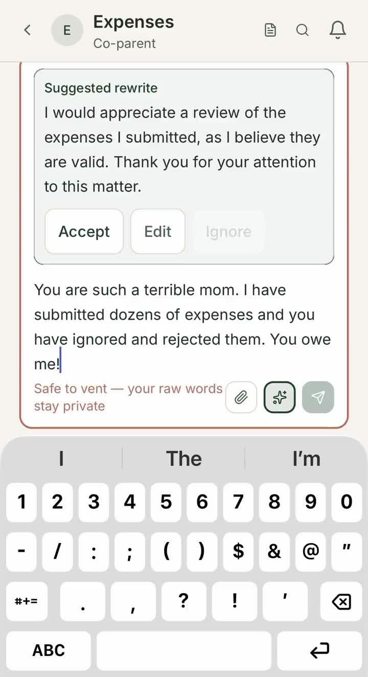 Civly messages screen showing a calm, rewritten message in a thread